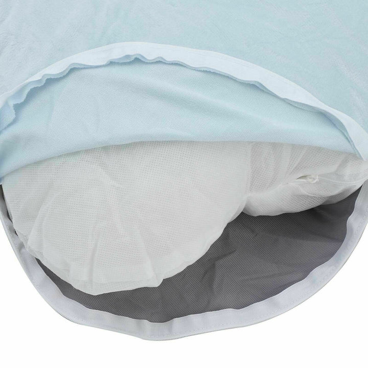 Fitlybuy pregnancy pillow showing a light blue removable plush cover partially unzipped, revealing the internal liner.