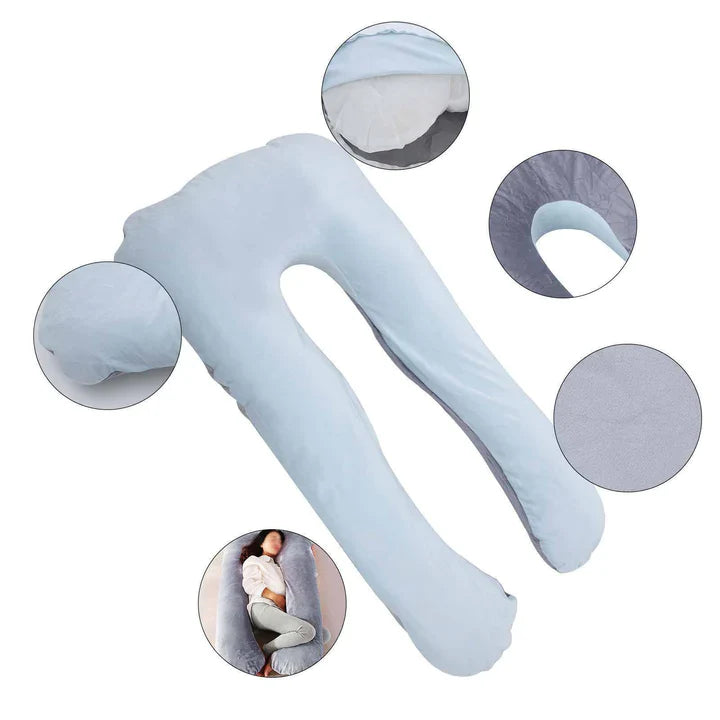 Fitlybuy U-shaped light blue pregnancy pillow with adaptive support and detail cutouts of fabric and a user resting.