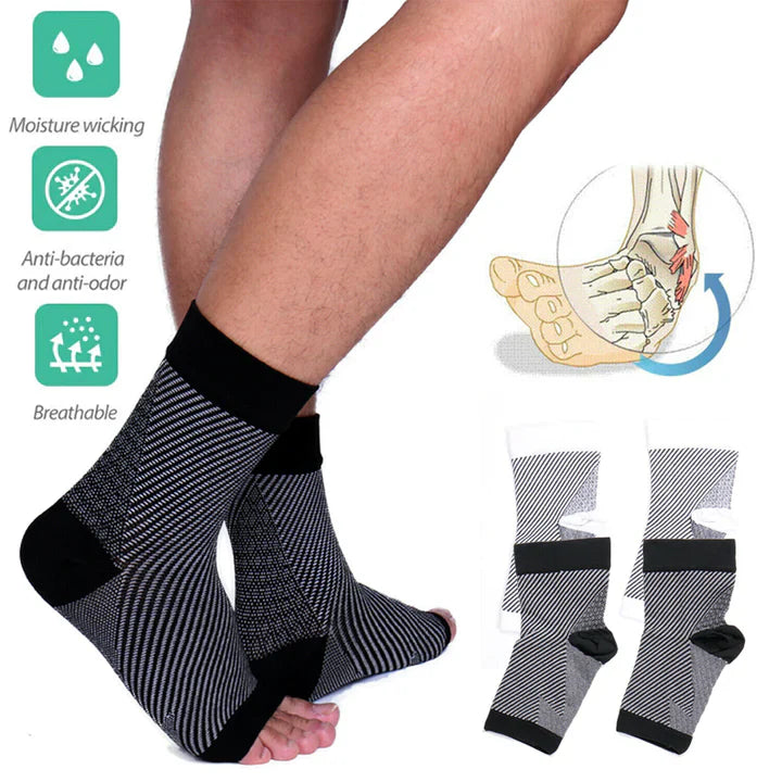Fitlybuy black and grey striped open-toe compression socks for foot and ankle support, showing moisture-wicking features.