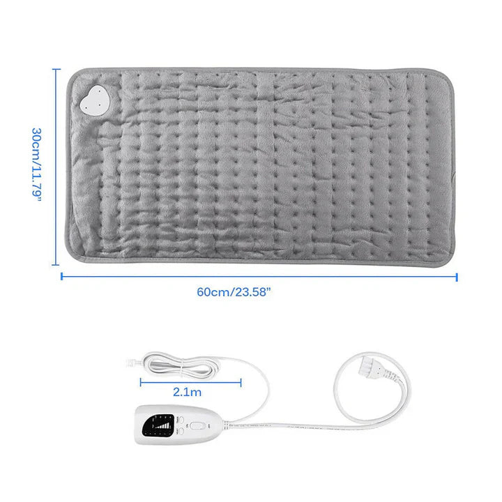 Grey rectangular Fitlybuy heated therapy pad (30x60cm) with wired controller and 2.1m cord for back and muscle relief.