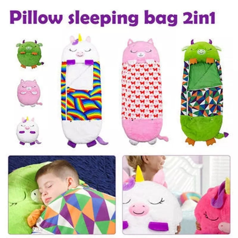 Fitlybuy SnugglePals 2-in-1 plush animal sleeping bags that fold into pillows, featuring various colorful kids' designs.