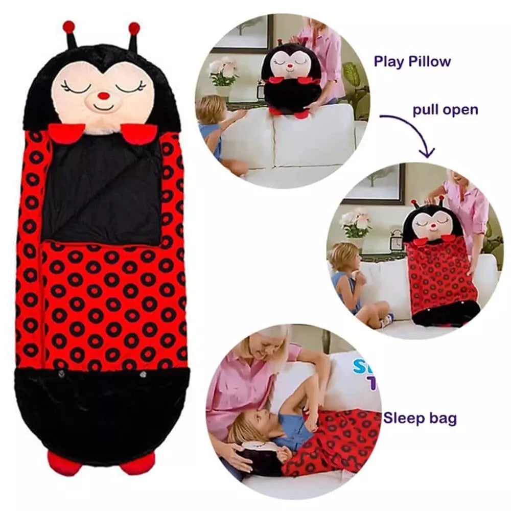 Fitlybuy SnugglePals ladybug kids' sleeping bag that transforms from a plush pillow into a cozy, red-polka-dot sleep sack.