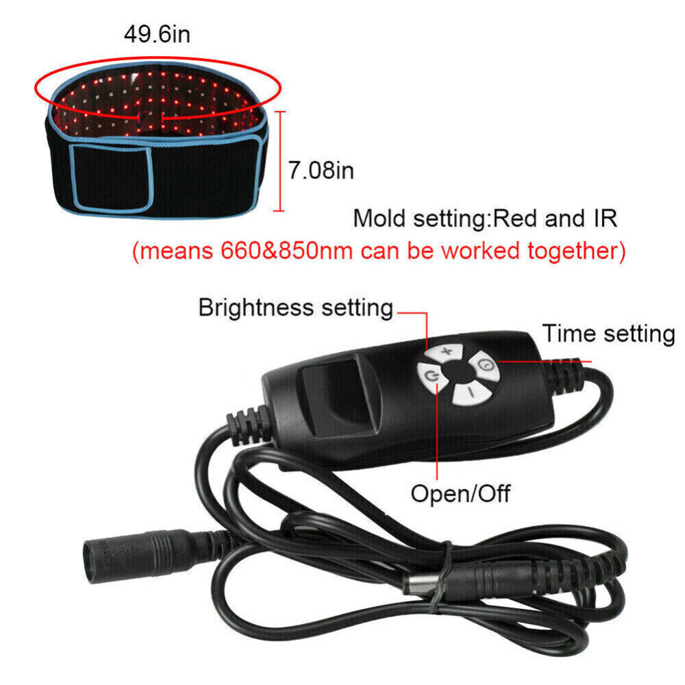 Fitlybuy red light therapy belt with dimensions, infrared lights, and a corded remote for brightness and time settings.