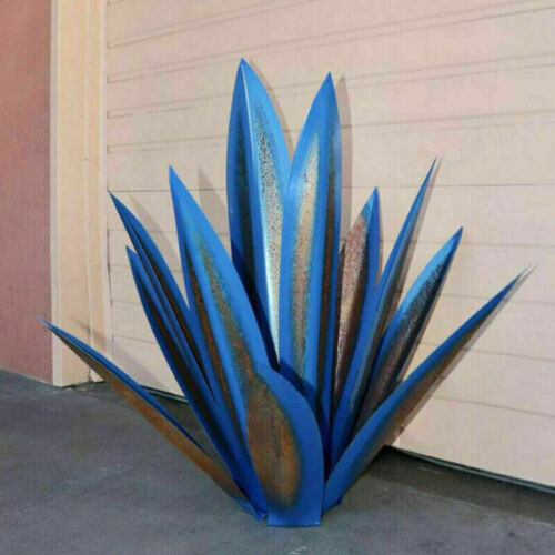 Fitlybuy handcrafted metal agave garden sculpture with blue and rust-patina finish, standing against a beige wall.