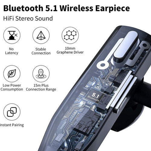 Fitlybuy black Bluetooth 5.1 wireless earpiece with transparent casing showing circuit board and technical icons.