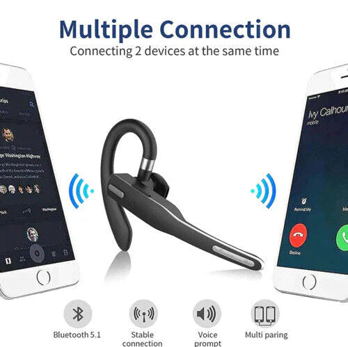Black Fitlybuy RoadMic Pro Bluetooth headset with dual mics, shown connecting to two smartphones simultaneously.