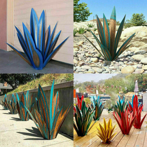 Handcrafted, rust-proof metal agave sculptures in various bright colors, displayed in outdoor garden and patio settings.