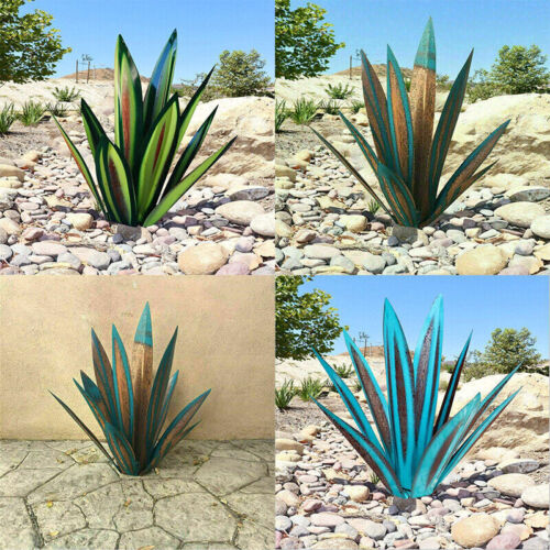 Four Fitlybuy metal agave sculptures in green and blue-rust finishes displayed in desert garden settings.