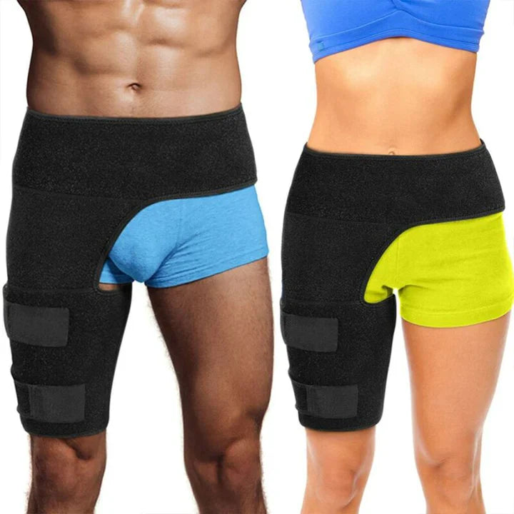 Fitlybuy black adjustable hip and thigh compression sleeve with SupportFlex technology worn by a man and woman.