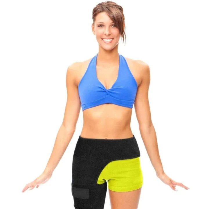 Woman wearing a black and neon yellow Fitlybuy hip and thigh compression sleeve with SupportFlex technology.