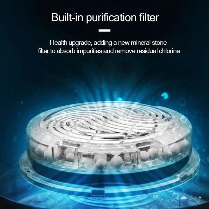 Fitlybuy hydrogen water bottle filter with mineral stones and electrolysis tech against a glowing blue background.