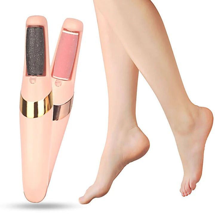 Fitlybuy electric foot grinder in pink with gold accents and two interchangeable exfoliation rollers, beside smooth legs.