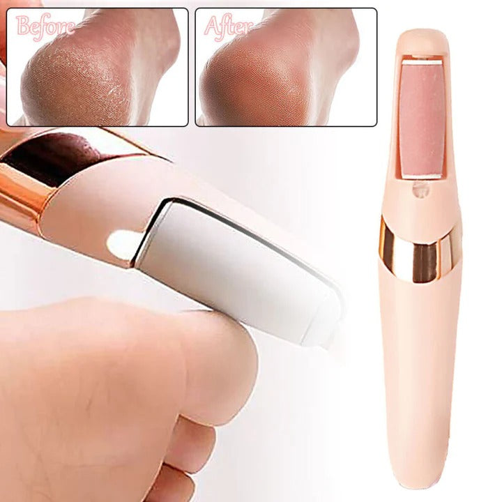 Fitlybuy electric foot grinder in pink with rose gold, featuring before-and-after heel exfoliation results.