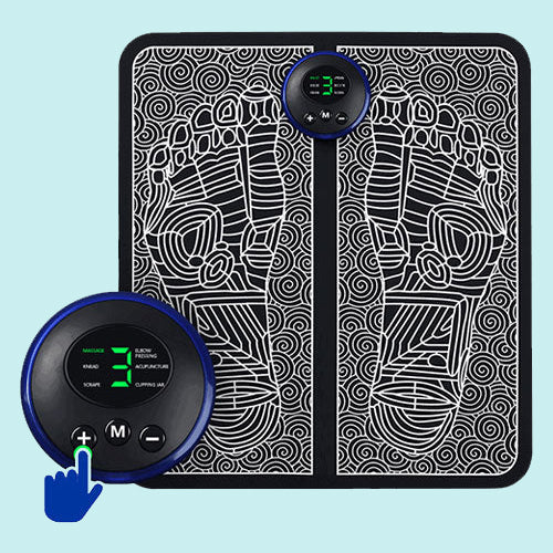 Black Fitlybuy EMS foot massage mat with white swirl patterns, circular control unit, and digital intensity display.