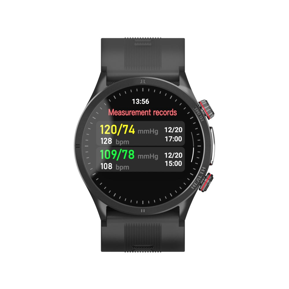 Fitlybuy Kexi-Life Max 5 black smartwatch displaying blood pressure and heart rate measurement history records.