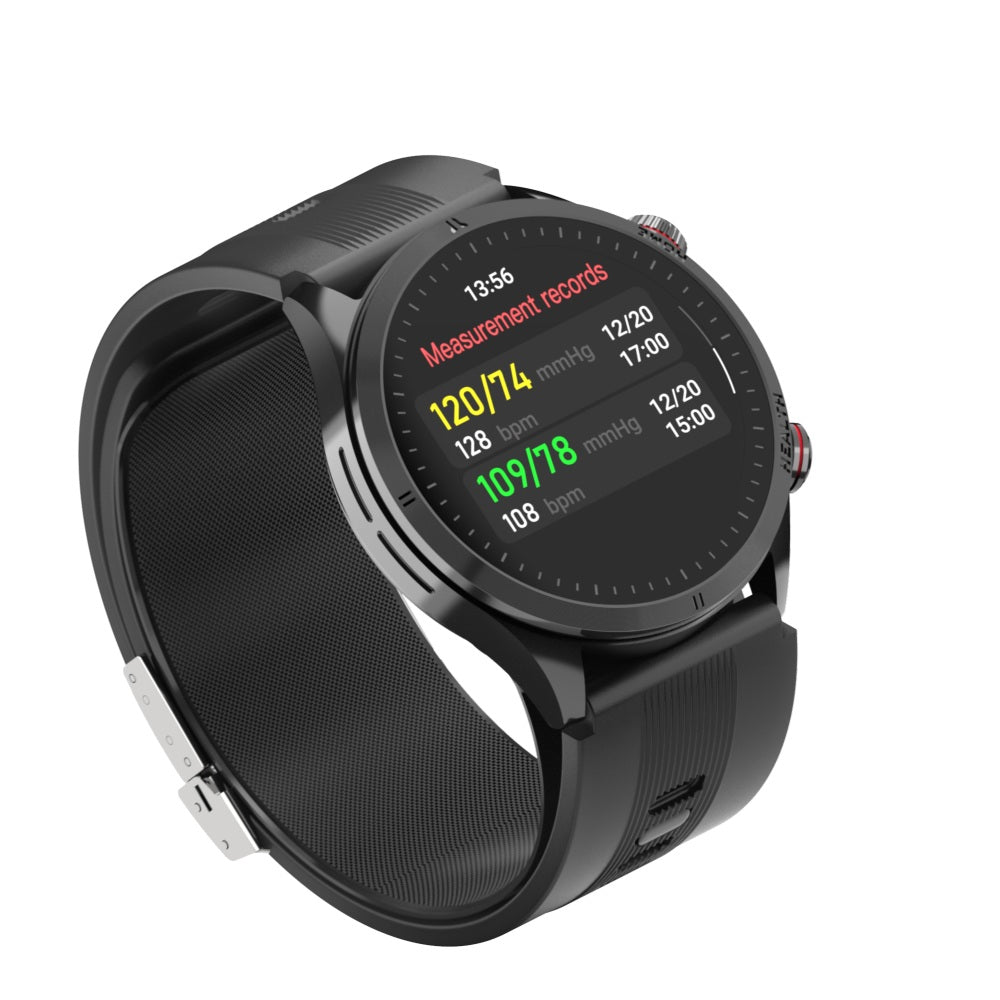 Fitlybuy Kexi-Life Max 5 black smartwatch displaying blood pressure and heart rate measurement records on circular screen.
