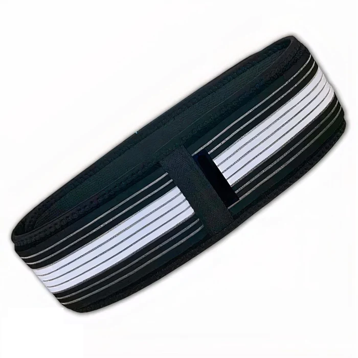 Fitlybuy black sciatica relief belt with white striped elastic support panels and ComfortFlex tech.