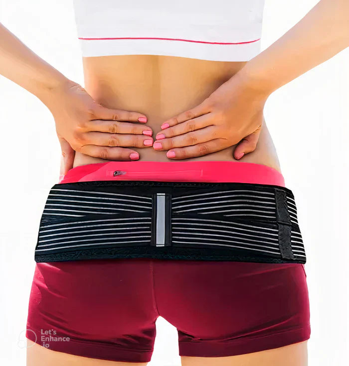 Fitlybuy sciatica belt in black with ComfortFlex stripes worn around the lower back for support.