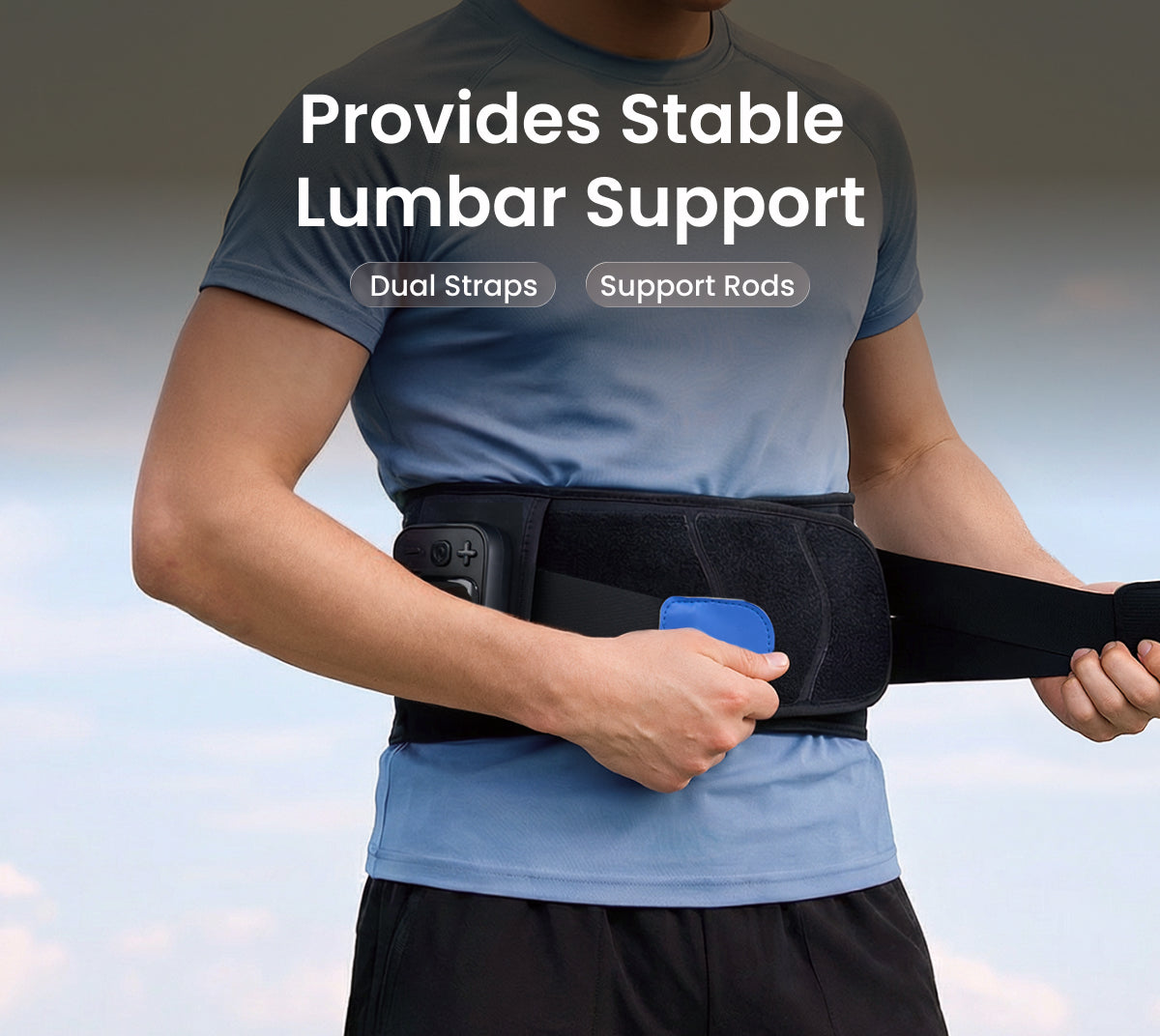 Person wearing black Fitlybuy Emberace cordless back massager waistband with dual straps and support rods.