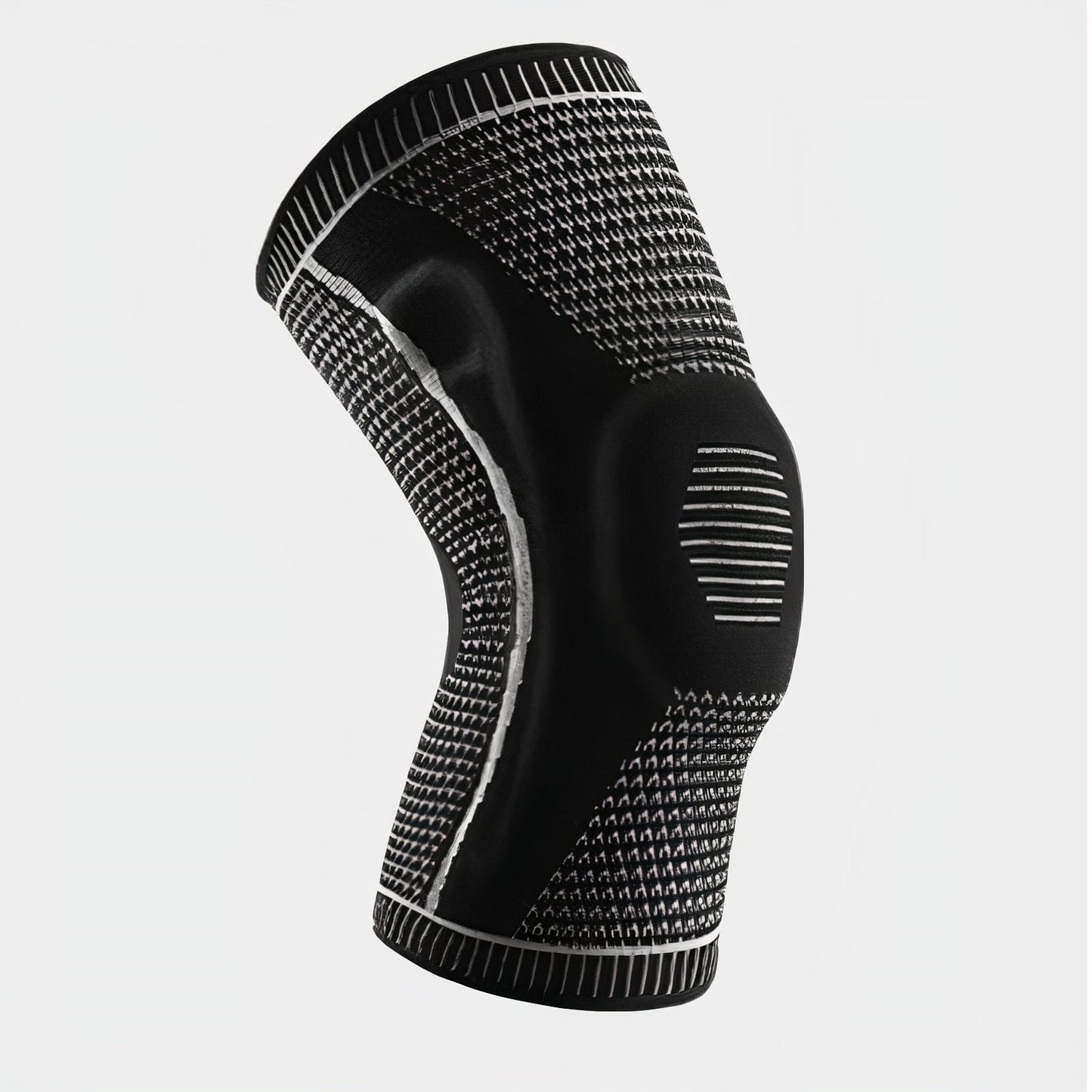 Fitlybuy black and white compression knee brace with FlexiSupport stabilizing silicone patterns on a plain background.
