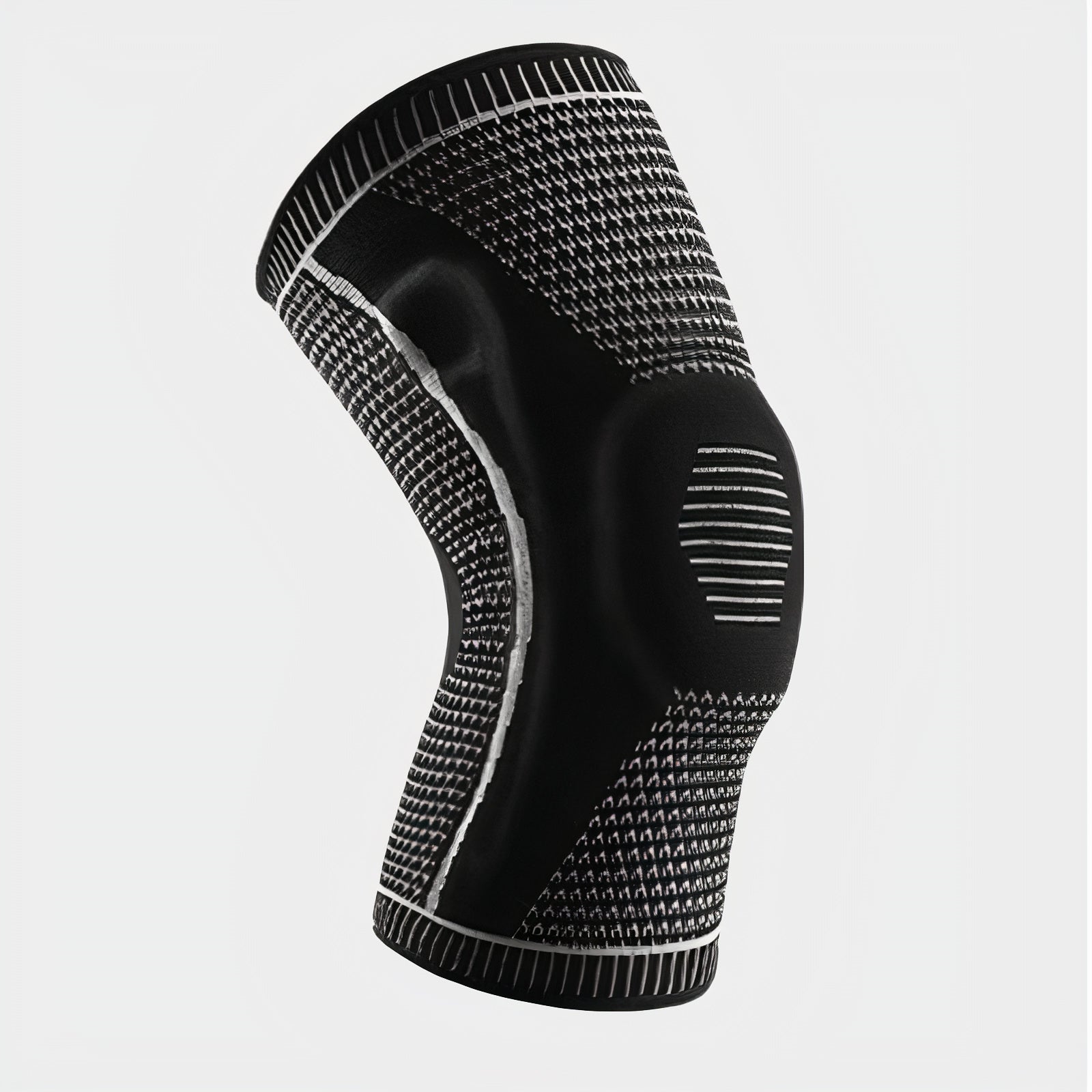 Fitlybuy black and white compression knee brace with FlexiSupport stabilizing silicone patterns on a plain background.