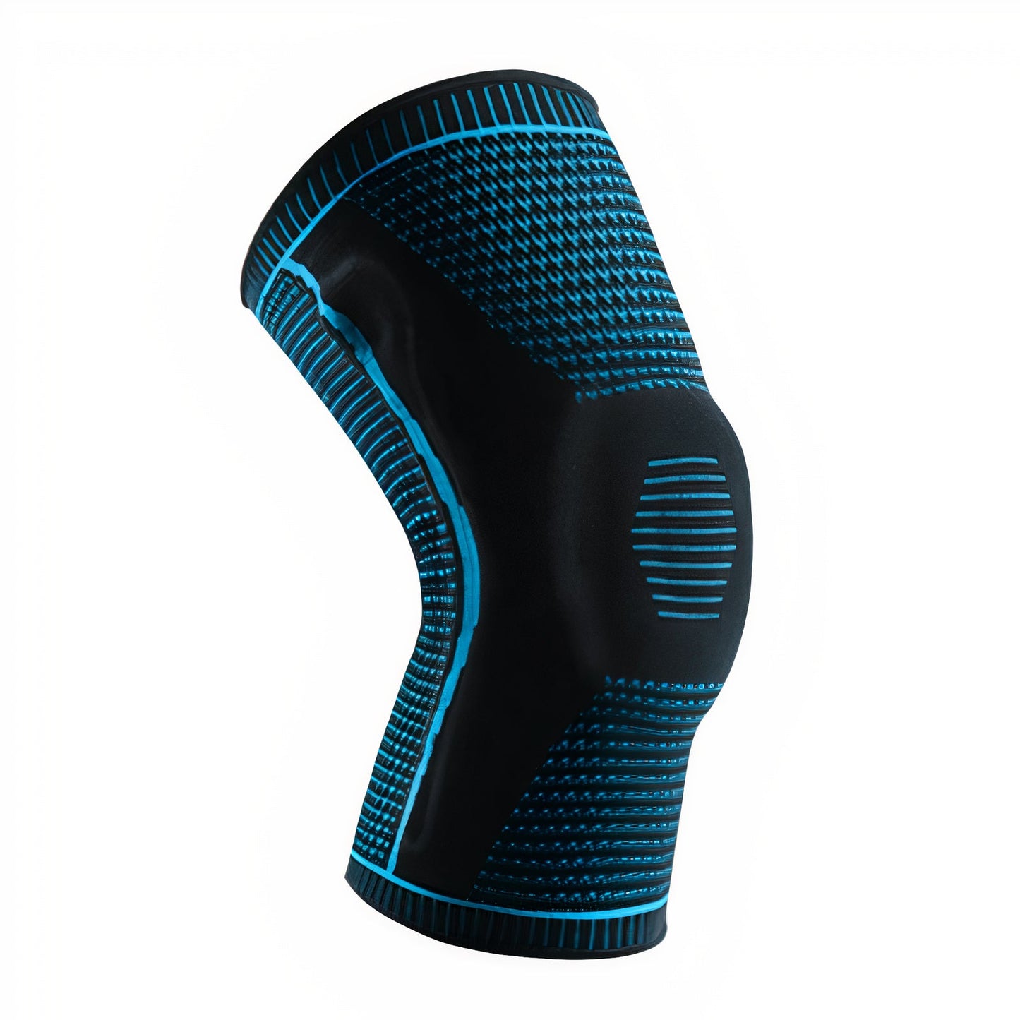 Fitlybuy black and blue compression knee brace with FlexiSupport stabilizing silicone patterns isolated on white.