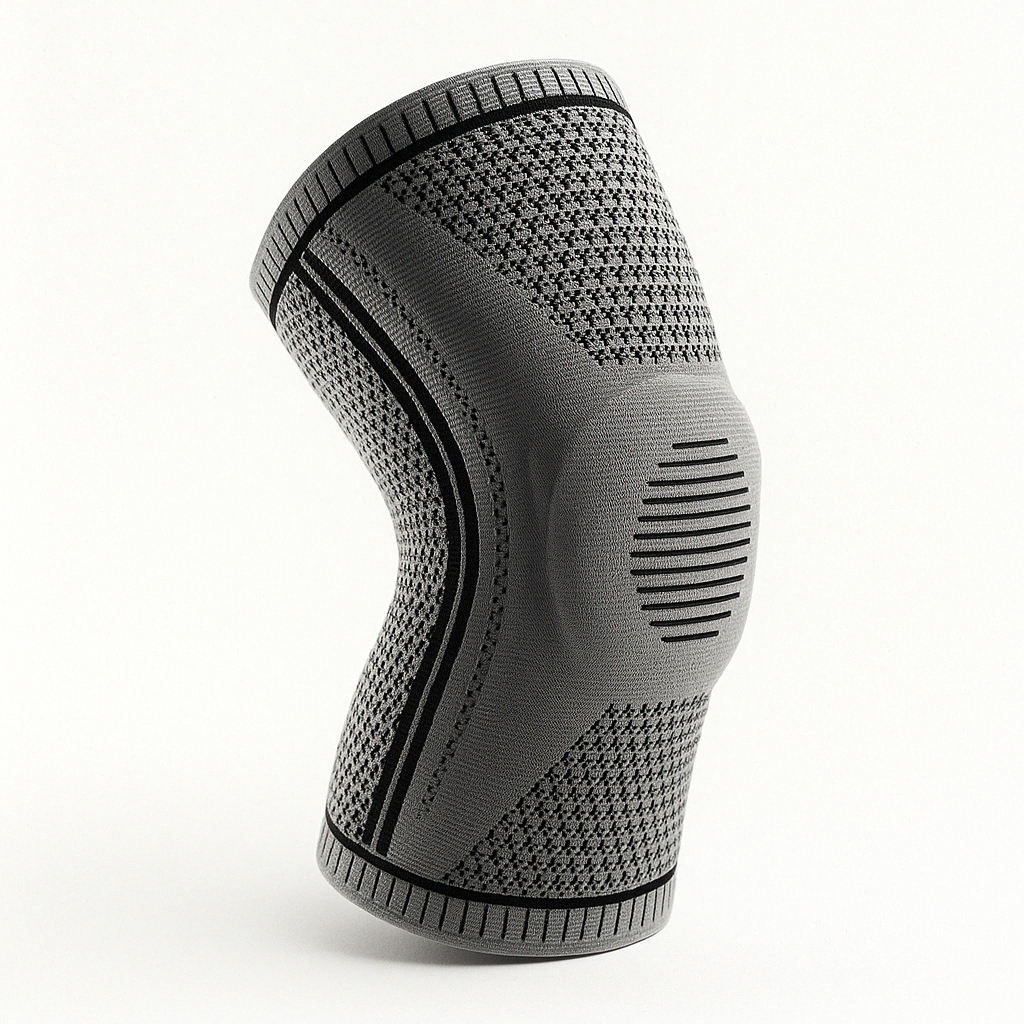 Fitlybuy gray knit knee compression brace with black silicone patella support and stabilization technology on white.