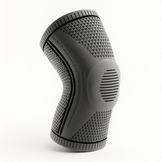 Fitlybuy gray knit knee compression brace with black silicone patella support and stabilization technology on white.