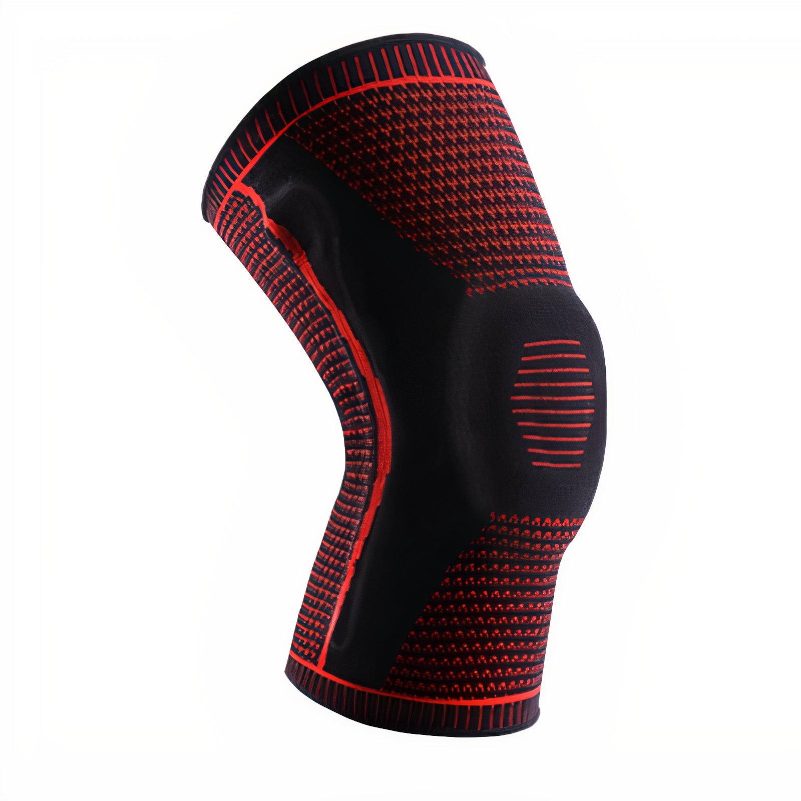 Fitlybuy black and red silicone compression knee brace with FlexiSupport stabilizing technology, isolated on white.