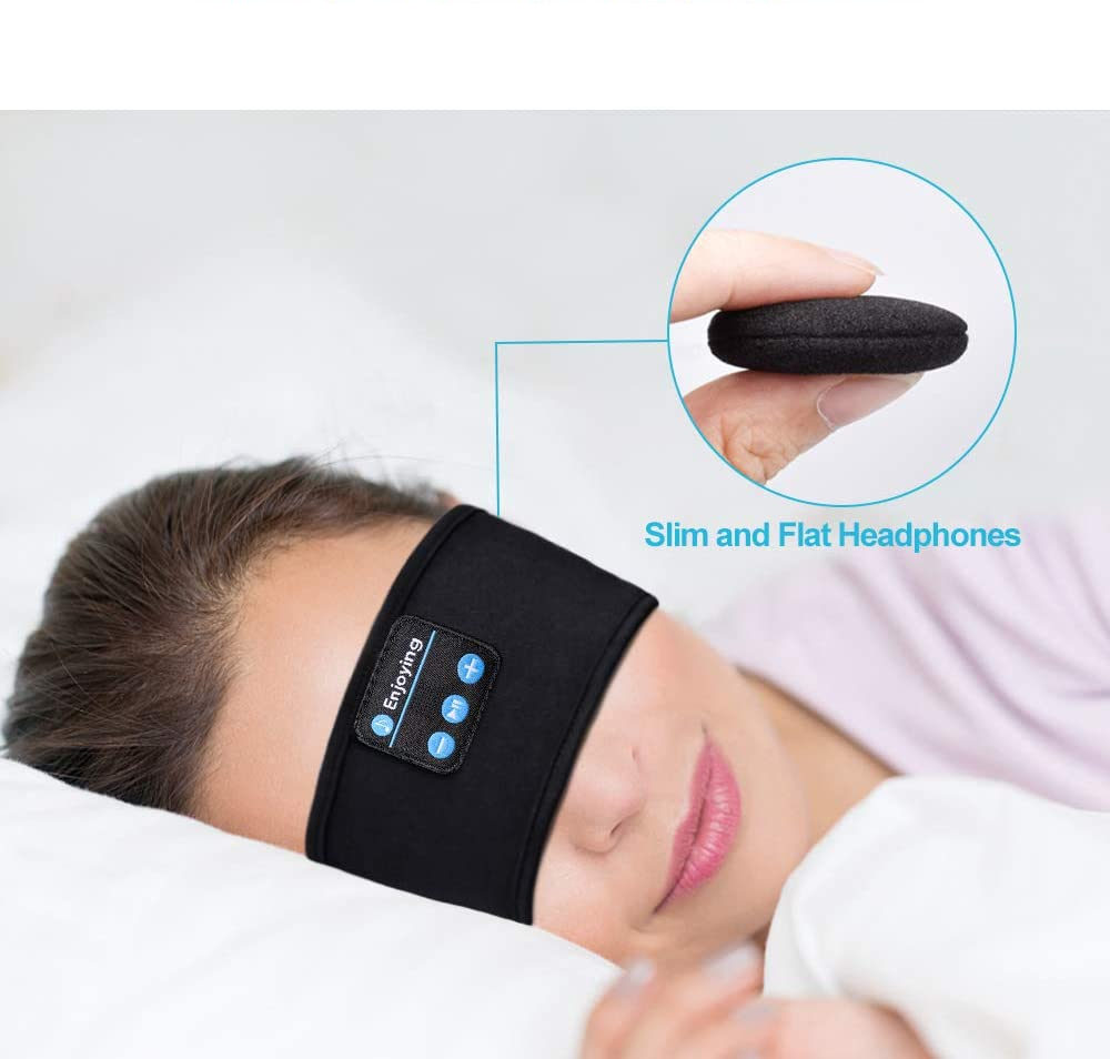 Woman sleeping wearing a black Fitlybuy memory foam sleep headband with slim, flat integrated Bluetooth headphones.