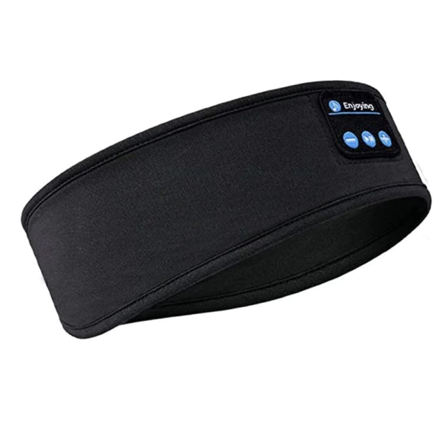 Black Fitlybuy memory foam sleep headband with Bluetooth control panel featuring "Enjoying" label and volume buttons.