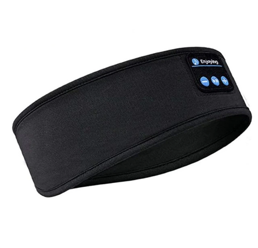 Black Fitlybuy memory foam sleep headband with Bluetooth control panel featuring "Enjoying" label and volume buttons.
