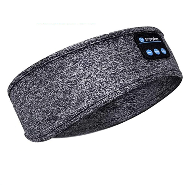 Grey marled Fitlybuy sleep headband with Bluetooth control panel and integrated memory foam for comfortable sleep.