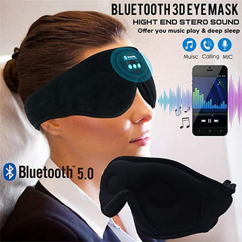 Woman wearing a black Fitlybuy DreamShield memory foam Bluetooth 5.0 sleep mask for music and calls.