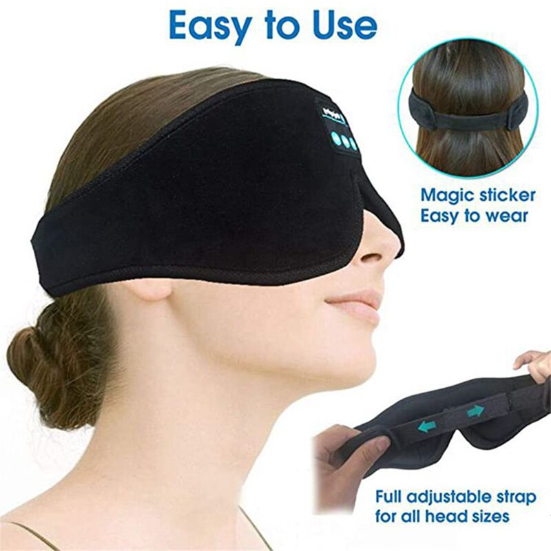Fitlybuy black memory foam sleep mask with adjustable velcro strap and built-in Bluetooth controls on a woman.