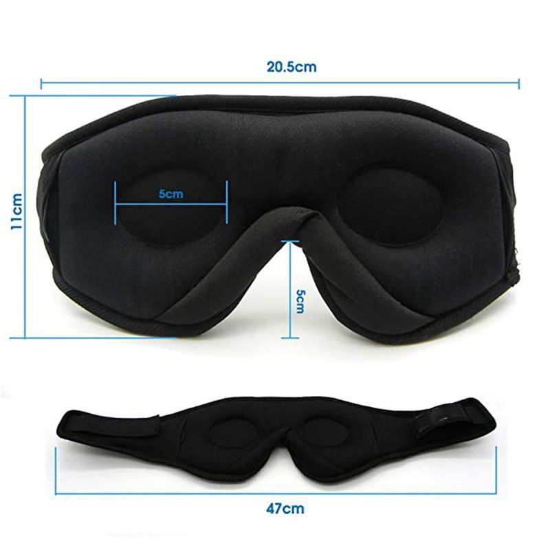 Black Fitlybuy DreamShield memory foam sleep mask with contoured eye cups and measurement labels shown in centimeters.