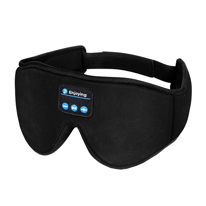 Black Fitlybuy DreamShield memory foam sleep mask with integrated Bluetooth music control panel on white background.