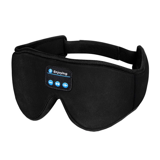 Black Fitlybuy DreamShield memory foam sleep mask with integrated Bluetooth music control panel on white background.