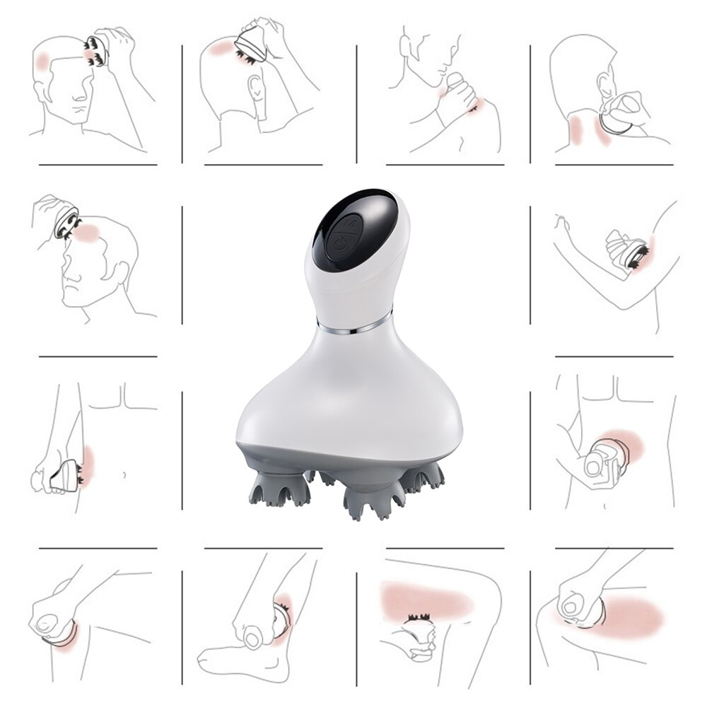 Fitlybuy white smart scalp massager with gray massage heads, showing various body usage positions in line art diagrams.