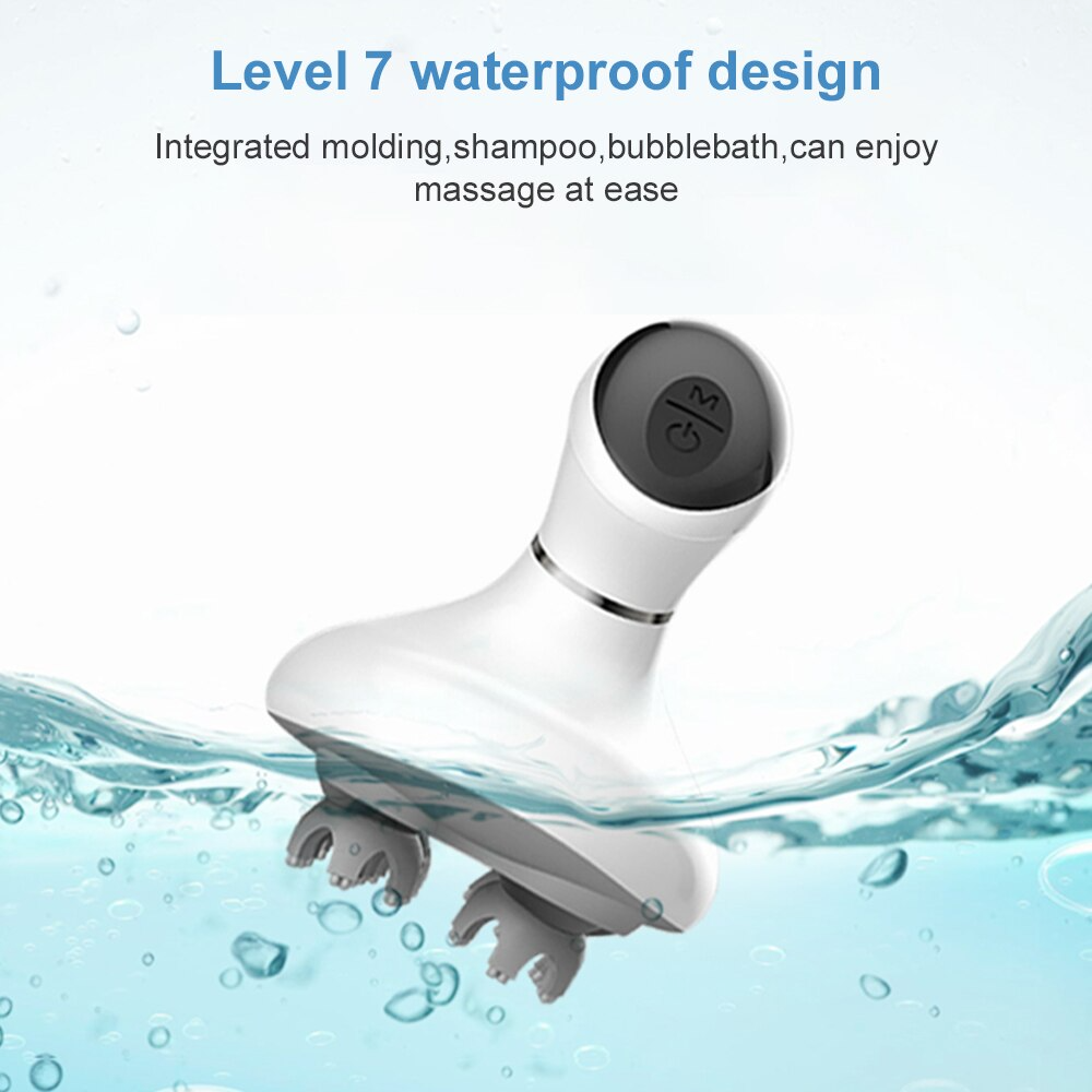 Fitlybuy white waterproof smart scalp massager with grey massage heads, shown submerged in water for shower use.