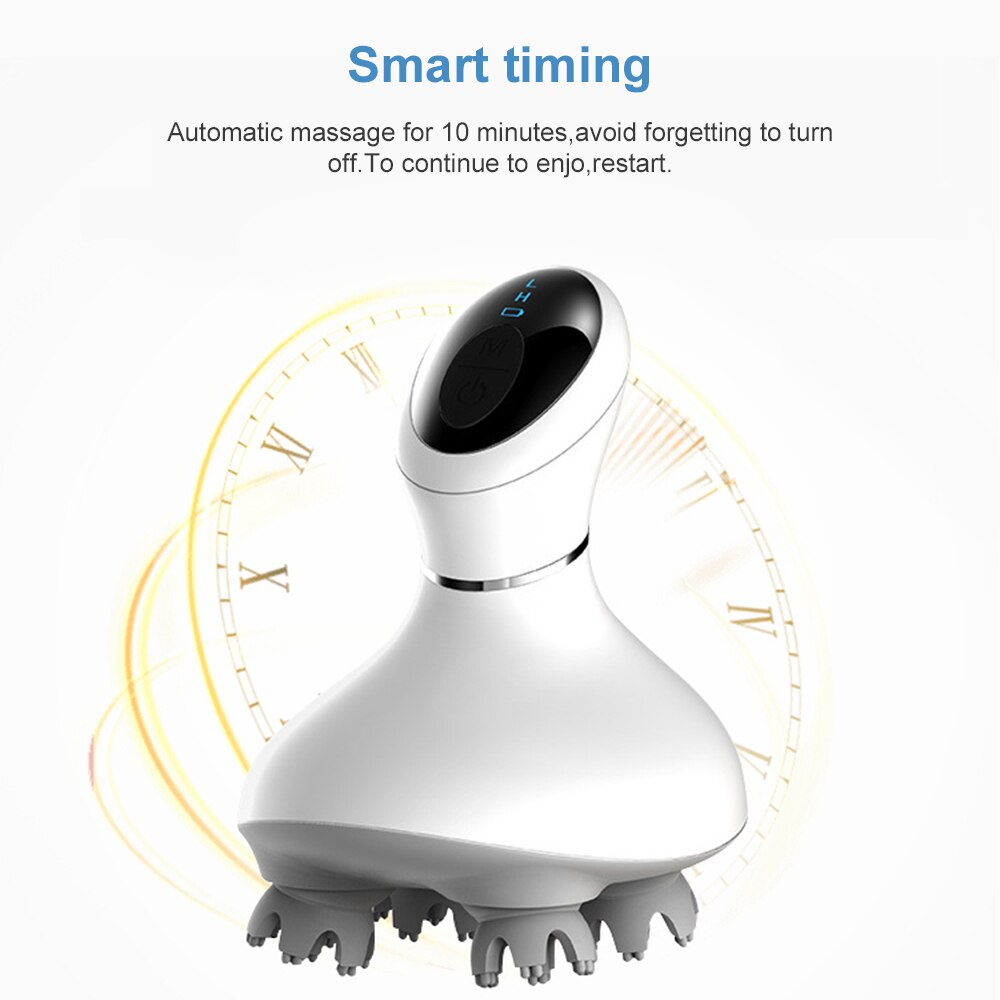 Fitlybuy white smart scalp massager with gray massage nodes and black digital control display, over a clock background.