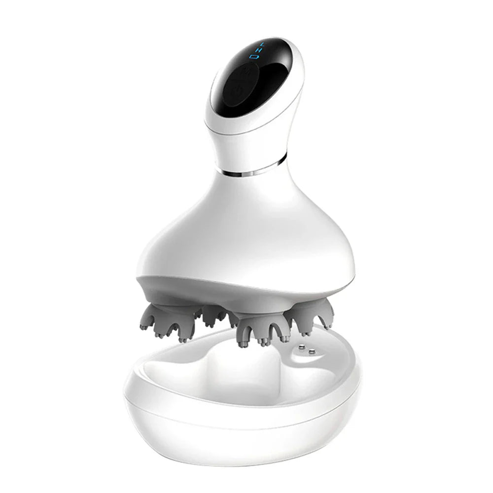 Fitlybuy white smart scalp massager with gray massage nodes and a circular charging base on a white background.
