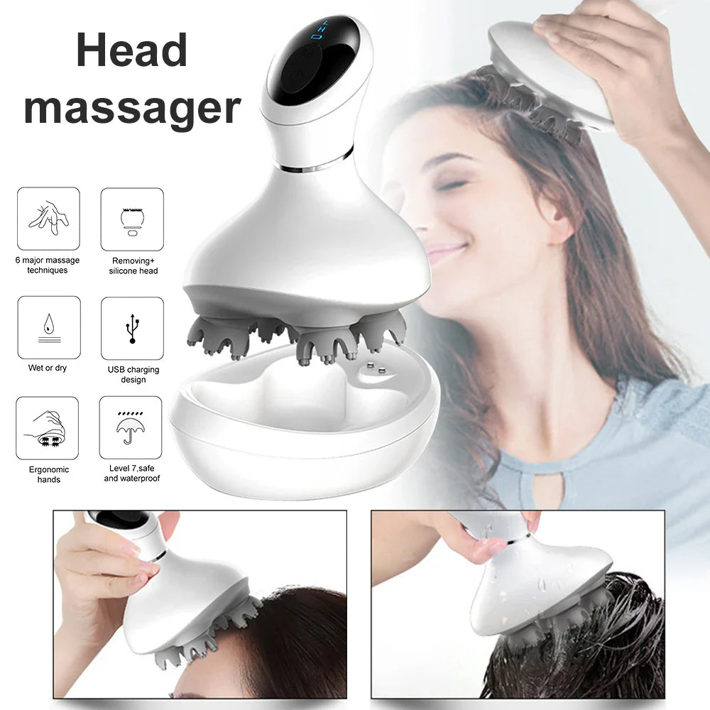White Fitlybuy electric scalp massager with silicone heads, charging base, and icons showing waterproof USB features.