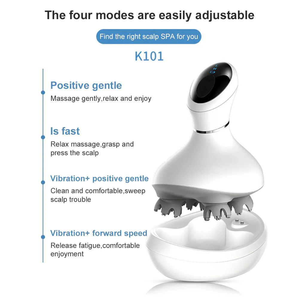Fitlybuy white smart scalp massager with 4 massage modes, digital display, and charging base shown in an infographic.