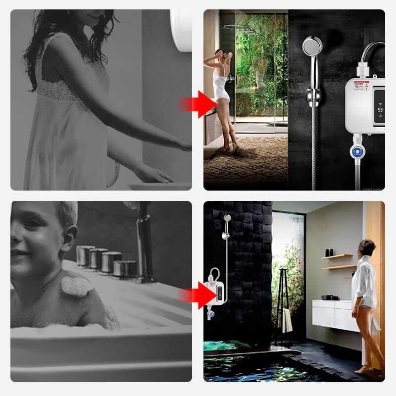Fitlybuy white tankless electric water heater with digital display shown in modern bathroom shower and tub settings.