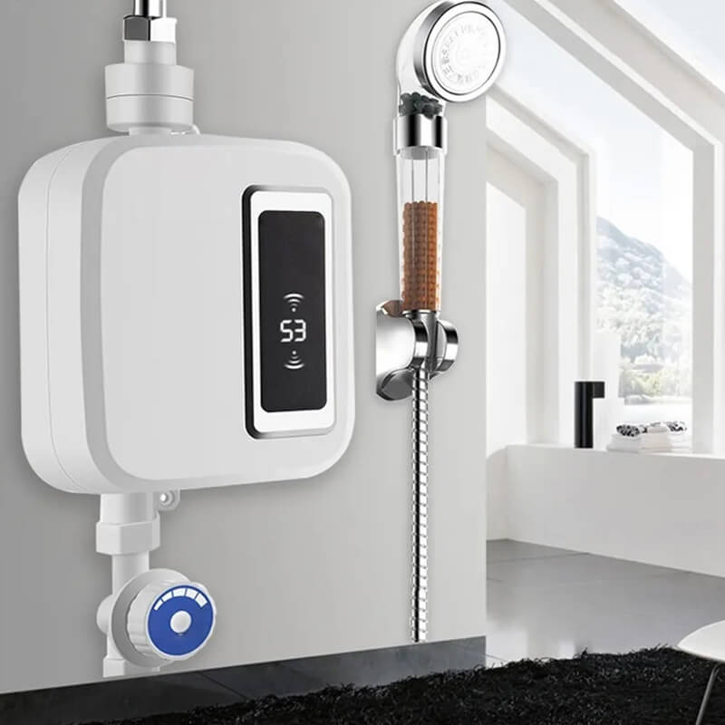 Fitlybuy white tankless electric water heater with digital display mounted on a bathroom wall with shower head.