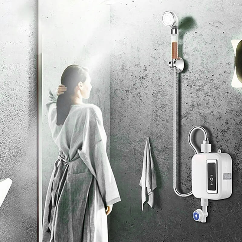 White Fitlybuy tankless electric water heater with digital display installed on a concrete-textured shower wall.