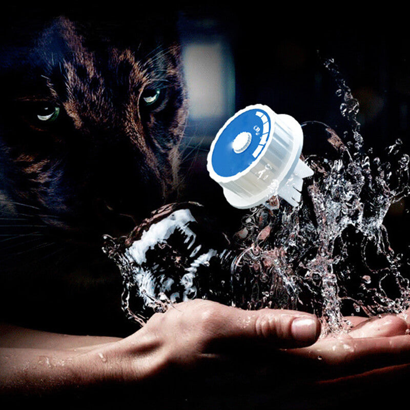Fitlybuy tankless electric water heater dial shown with a hand splashing water and a panther silhouette in the background.