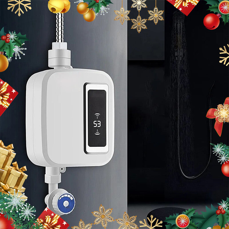 White Fitlybuy tankless electric water heater with digital display on a bathroom wall, decorated with holiday motifs.