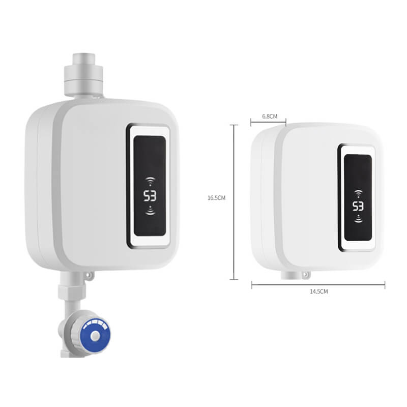 White Fitlybuy instant tankless electric water heater showing dimensions (16.5x14.5x6.8cm) and digital temperature display.